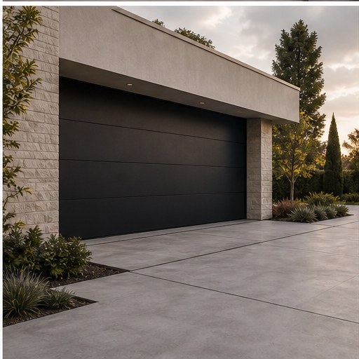 Side view of modern garage door and driveway