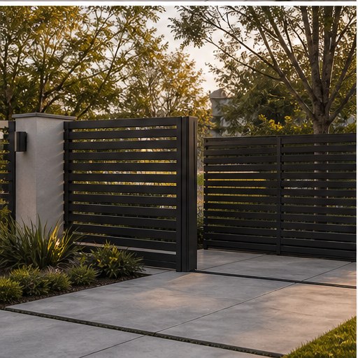 Horizontal slat fencing and sliding gate
