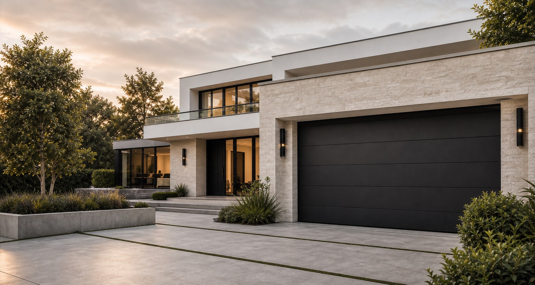 Modern house with graphite garage door, stone facade and aluminium windows